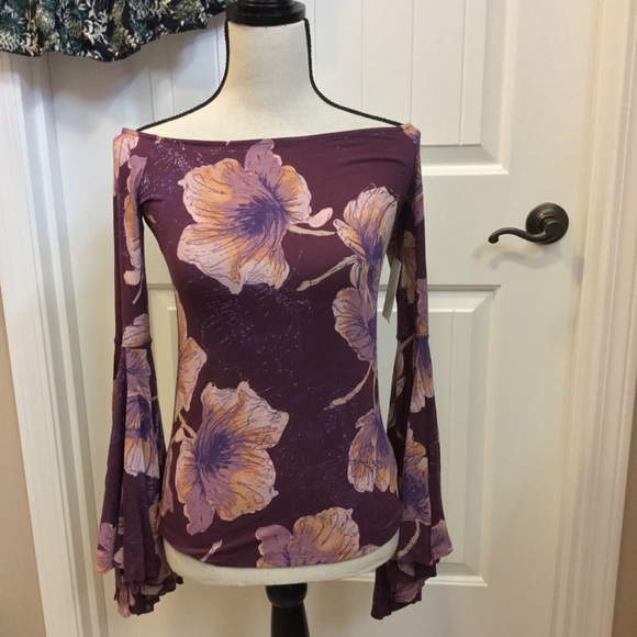 NWT S Free People floral bell sleeve off shoulder - Picture 1 of 8